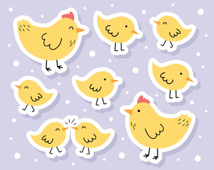 Cute stickers with cartoon chicks and chickens. Easter chicks icons. Set. Vector illustration