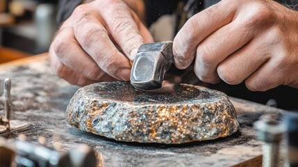 A jeweler polishing a meteorite ring in a workshop, emphasizing its eco-friendly and unique composition.
