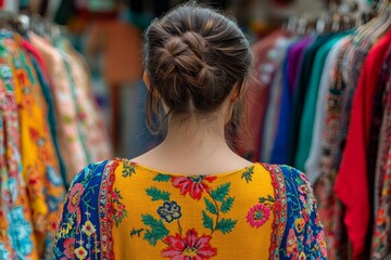 Fototapeta premium Woman explores a colorful textile market while wearing a vibrant embroidered dress during a sunny day in a lively street