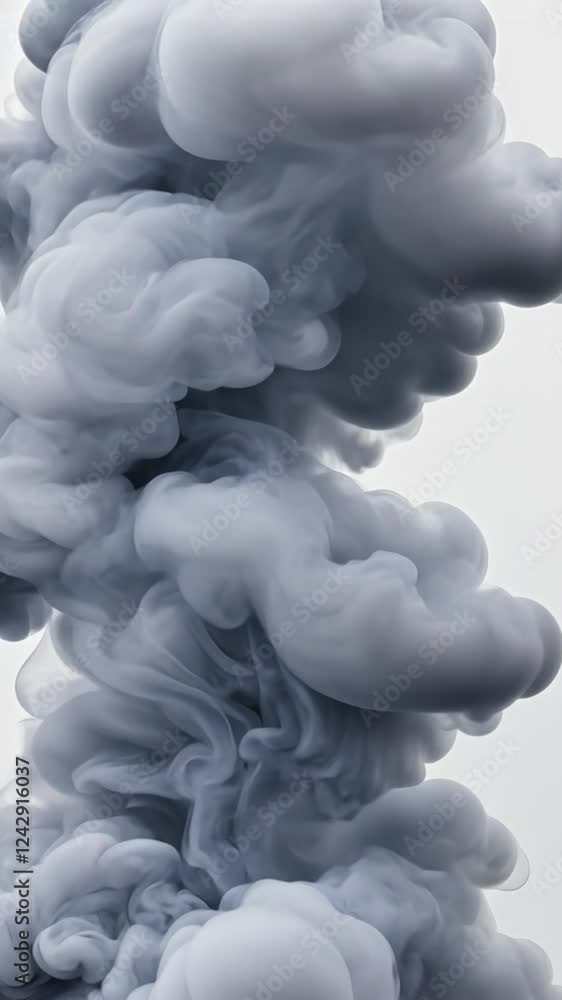 Poster swirling gray smoke rises dramatically against a white background creating an abstract and fascinati