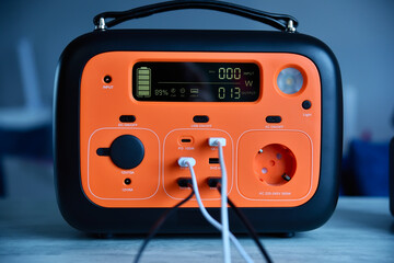 Portable charging station with black and white usb cables connected.