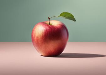 Single Red Apple with Leaf on Pink and Green Background Fresh Fruit Healthy Food Photography
