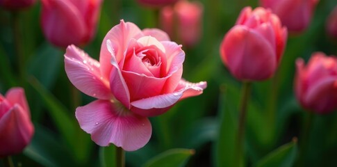 Obraz premium Water droplets on a rose petal amidst lush green foliage and pink tulips, tulip, spring, refined