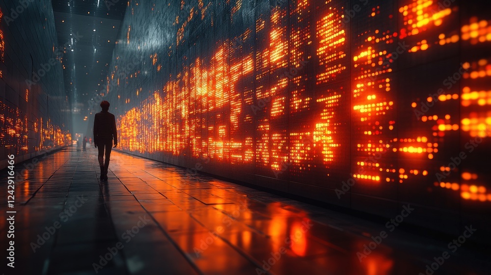 Aufkleber a solitary figure walks through a futuristic corridor illuminated by glowing digital patterns, refle