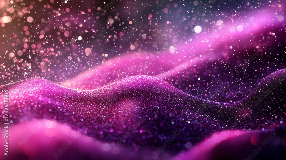 Poster a mesmerizing display of swirling particles in shades of pink and purple flows gracefully across a t
