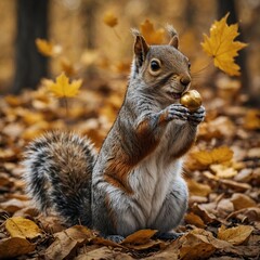 Fototapeta premium A squirrel holding an acorn with golden leaves falling around.