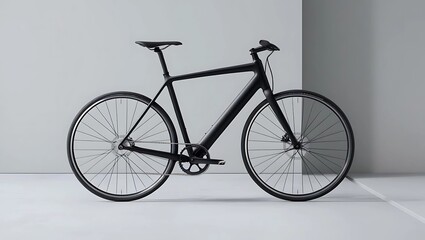 Naklejka premium Minimalist Modern Bicycle with Sleek Black Frame on Smooth Concrete Surface, Clean Functional Design with Natural Lighting 