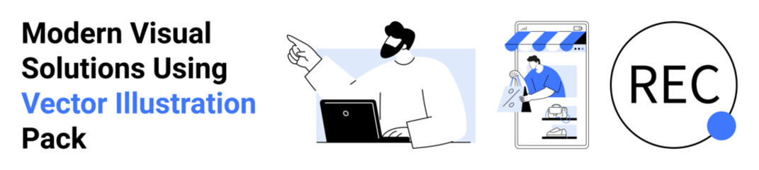 Designer working on laptop, mobile storefront with content creation, recording icon. Ideal for design, technology, e-commerce, collaboration, creativity, innovation flat landing page banner