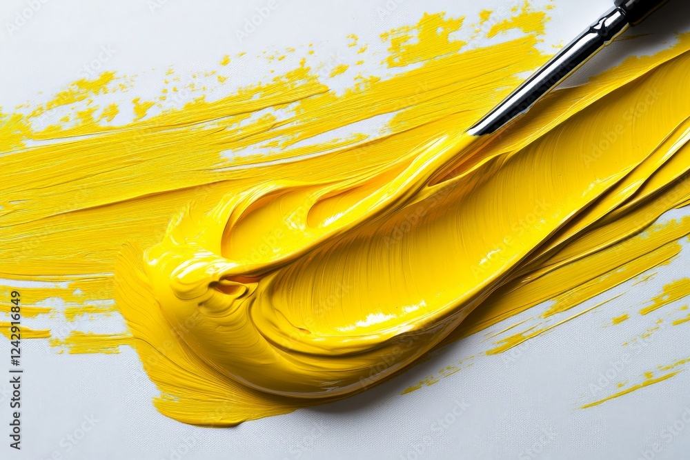 Aufkleber bright yellow paint being mixed on a canvas with a brush in a creative workspace during daytime