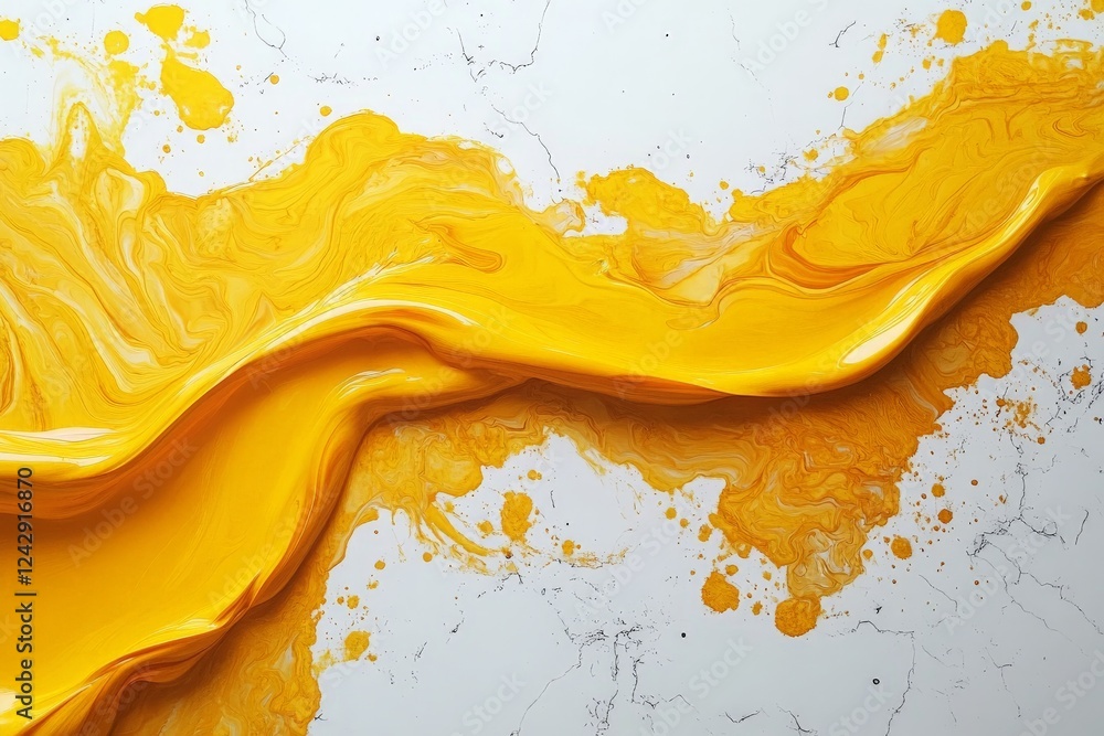 Poster Bright yellow paint flowing over a white surface creates an abstract and vibrant composition in a modern art setting