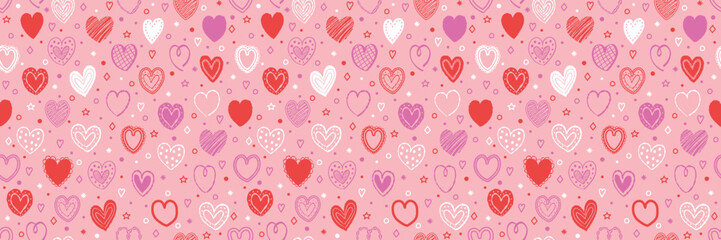Seamless pattern with hand drawn hearts. Background with elements in cartoon style. Doodles. Design for Valentine’s Day, Mother’s Day and Women’s Day. Vector illustration