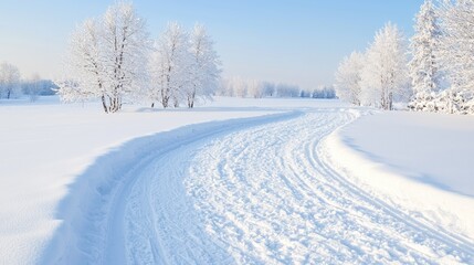 Fototapeta premium Winding snowy path, winter trees, sunny day, tranquil landscape, ideal for travel brochures