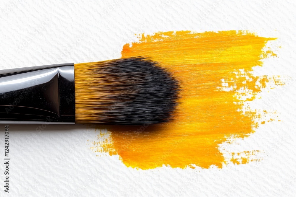 Aufkleber creating vibrant artwork with a brush loaded with bright yellow paint on textured paper