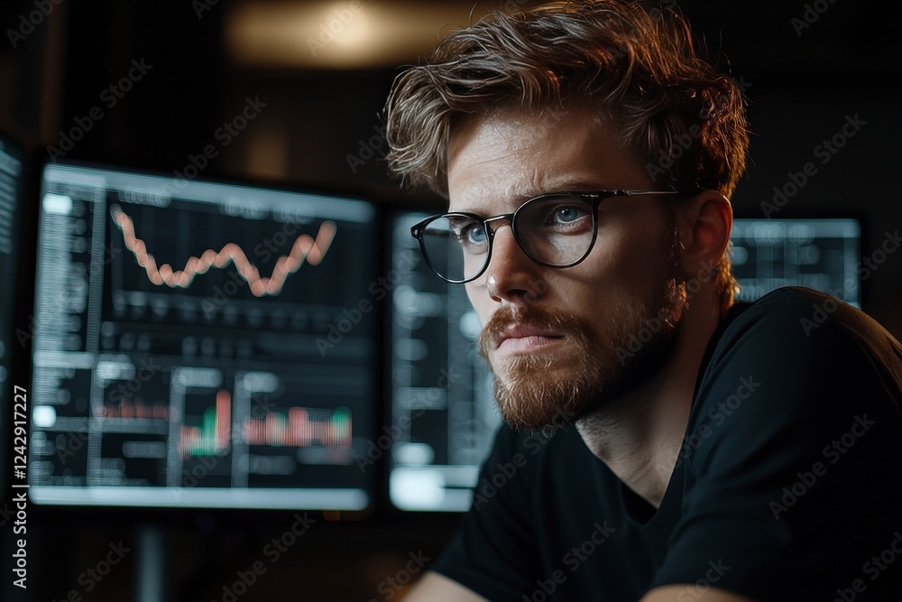 Aufkleber thoughtful young man analyzing financial data on multiple monitors in a dimly lit modern workspace e