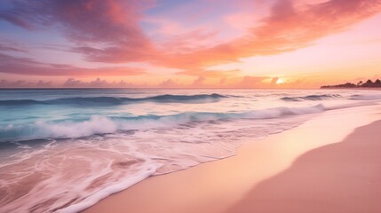 Sunrise over the Cancun beach, soft pink and orange hues casting a serene glow on the tranquil water and palm-lined shore