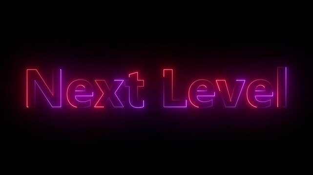 Animation of Next level text over neon line with black background. Next level neon text animation.