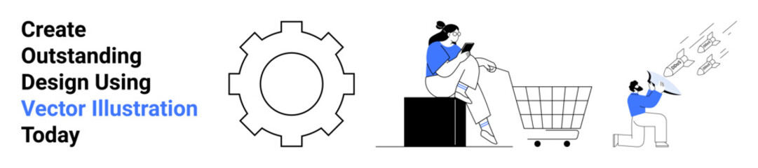 Large gear, person sitting with phone on cart, person launching paper planes. Ideal for design concepts, online shopping, teamwork, innovation, creativity, productivity marketing ideas flat landing