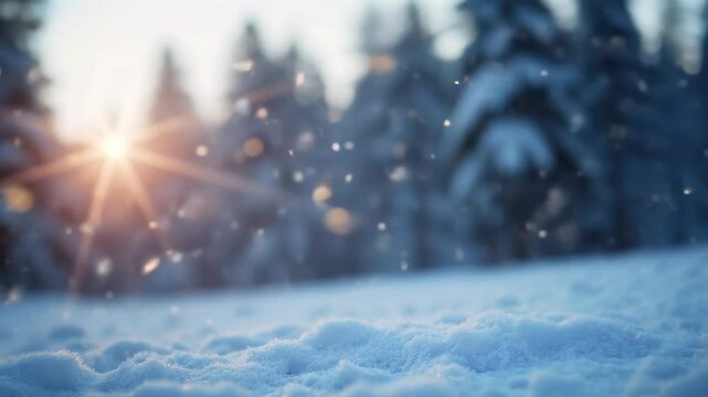 Snowy forest illuminated by sunburst at dawn. Magical holiday scene for Christmas, New Year, winter solstice celebration