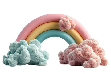 Colorful cartoon-style rainbow with fluffy clouds in pastel shades, perfect for cheerful designs, decor, and children's themes promoting joy and positivity in visual art.