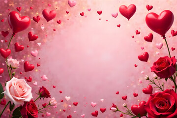 Pink background with roses, heart. Place for your text 