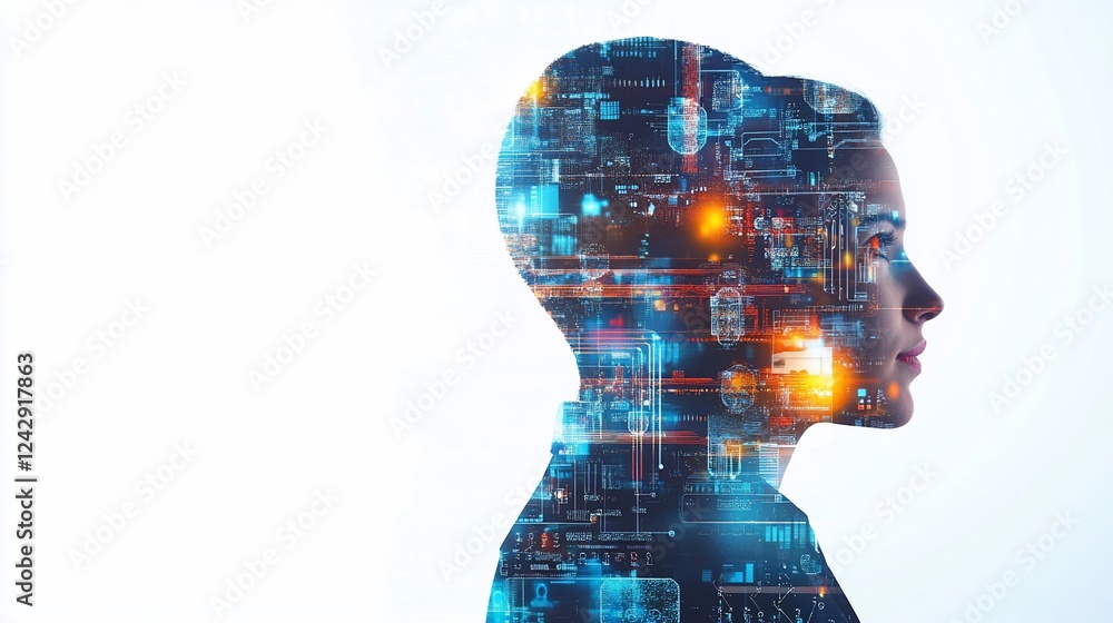 Aufkleber profile of a person with a digital circuit pattern overlayed for technology concepts