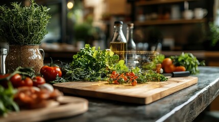 Obraz premium Fresh Ingredients on Kitchen Counter with Herbs, Vegetables, and Olive Oil for Healthy Cooking