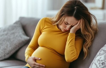 Pregnant African American woman experiencing headache or migraine symptoms, health and wellness concept