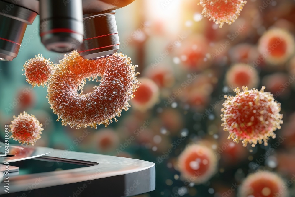Poster close-up view of cells under microscope with abstract background representing scientific research an