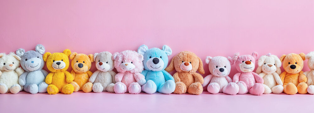 arri&egrave;re-plan rempli de peluches align&eacute;es sur un fond rose uni	- format banni&egrave;re web
