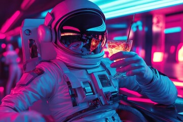 astronaut figure in futuristic spacesuit enjoying surreal nightclub scene, neon lights reflecting off helmet visor, holding exotic cocktail in zero gravity atmosphere