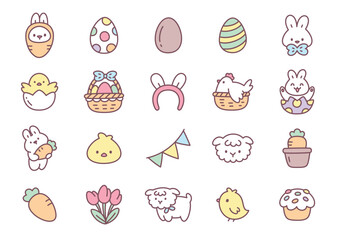 Kawaii easter icon set. Collection of cute hand drawn illustrations (eggs, chicken, bunny, tulips, cupcake etc.) isolated on a white background. Spring holiday stickers. Vector 10 EPS.
