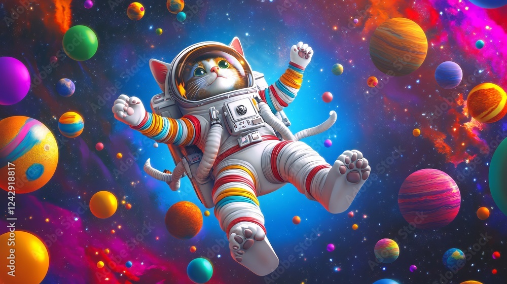 Poster cute astronaut cat floating in space with colorful planets