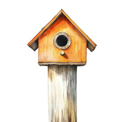Naklejka premium A watercolor painting depicts a small orange birdhouse mounted on a weathered wooden post against a black background.