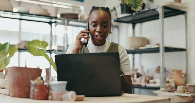 Frustrated, black woman and pottery with laptop or phone call for difficult customer or chat at ceramic store. Female person, artisan or explaining instructions with mobile smartphone at clay shop