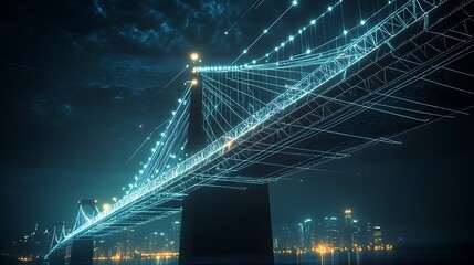 A massive futuristic bridge illuminated by glowing digital lines symbolizing a data network connecting two major continents.