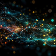 Fototapeta premium Abstract Network Connections: A digital visualization of interconnected nodes and data streams, glowing with vibrant teal, orange, and gold hues against a dark backdrop.