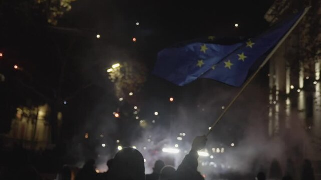 Protester shakes European Union flag. Tbilisi. Georgia.