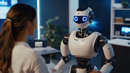 Woman Interacts With Advanced White Robot Companion