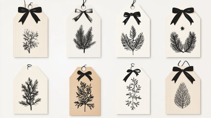 rustic christmas labels, artisanal holiday illustrations, organic pine drawings, simple black ribbons, festive botanical sketches, natural paper background, minimalist winter motifs, delicate star