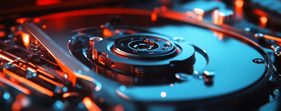 Hard disk drive spindle motor rotating with red and blue lights