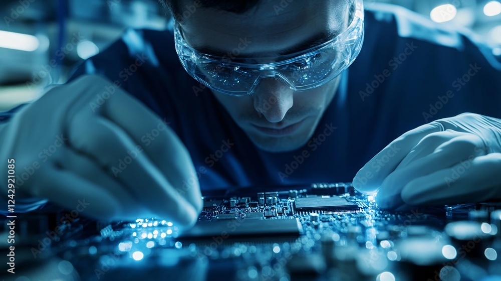 Poster electronics engineer repairing motherboard circuit board in factory