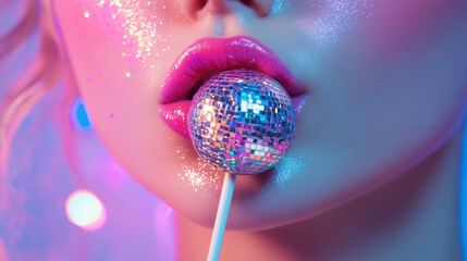 Shiny Disco Ball Lollipop in a Woman’s Mouth, Neon Glow and Glittery Aesthetic, Generative AI