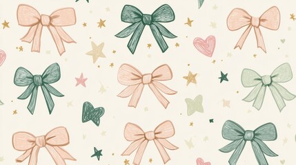 whimsical bow pattern, pastel color palette, scattered stars and hearts, hand drawn ribbons, sage green and blush pink accents, cheerful doodle style, vintage inspired design, cream background,