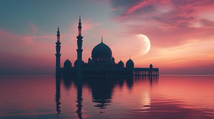Fototapeta premium Majestic Mosque Silhouette at Sunset Over Calm Waters