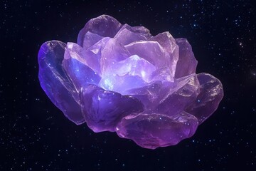 Fototapeta premium bioluminescent crystal flower with translucent petals emitting ethereal purple light, floating against dark space background