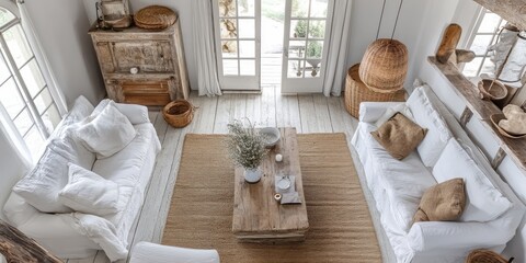 White linen sofas and rustic decor in a bright airy room