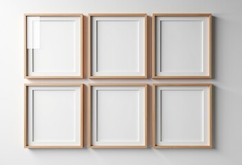 Fototapeta premium Six Light Wood Frames Mockup, Vertical Posters, White Background, Minimal Interior, Modern Art Display, Blank Template for Graphics & Text, Clean Style, Realistic Look 