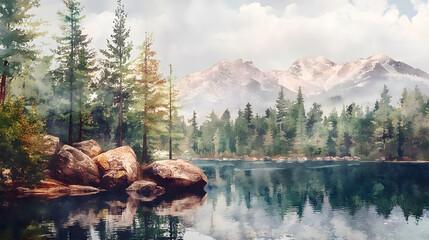 A beautiful watercolor landscape painting of an spring mountain scene with trees, rocks, and a lake. Watercolor illustration of a forest in the spring season. Digital art design for print on canvas.