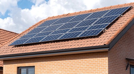 Fototapeta premium Solar panels on house roof, sunny day, energy
