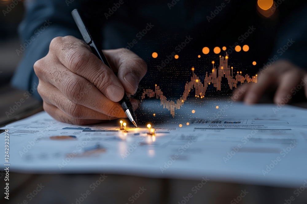 Aufkleber close-up of hand writing on paper with financial chart and data visualization in business environmen